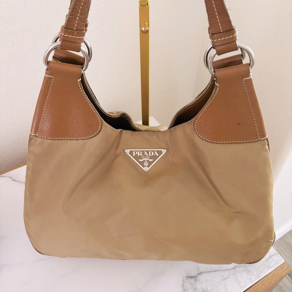 Prada Half Moon Hobo Bag Jumbo Logo Brown Tan Leather Nylon‎ Designer Luxury COA - Picture 2 of 15